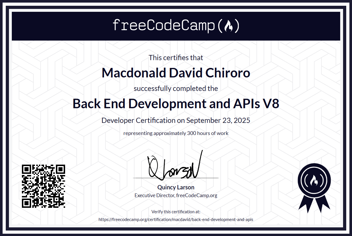 Back End Development and APIs Certificate